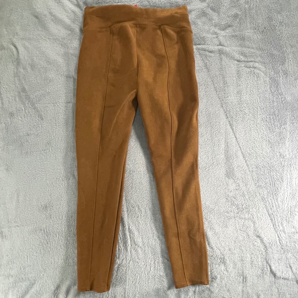 SPANX Faux Suede Ponte Leggings High Waist Size L Camel Sculpting Pull On